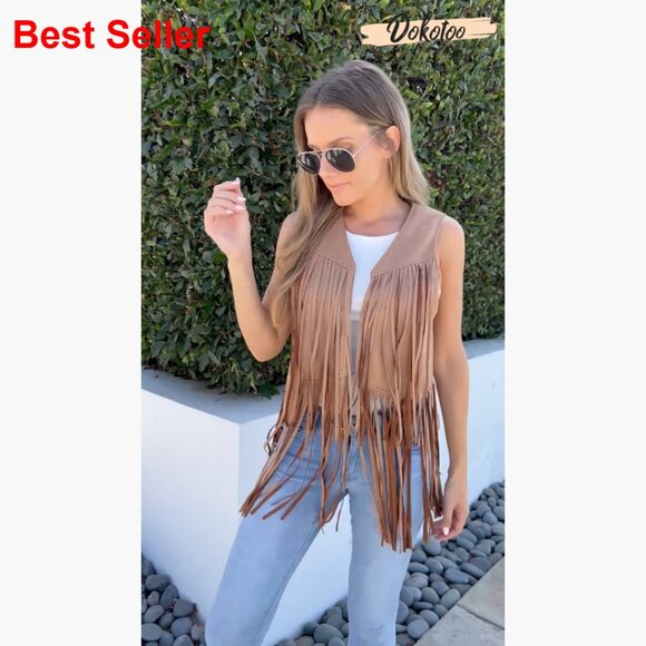 Faux Suede Fringe Vest Sleeveless Western Outerwear - Picture 7 of 7